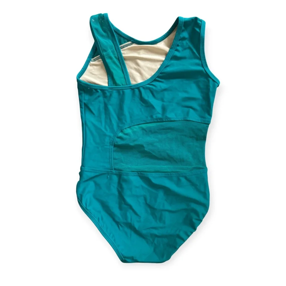 Kandi Kouture Teal Blue Mesh Cutout Dance Leotard Kids Size CL 7/8 Gymnastics